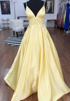 Simple V-neck Satin Long Prom Dresses