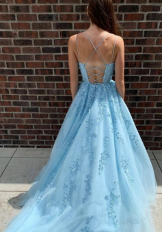 Spaghetti Straps A line Light Blue TUlle Prom Dresses