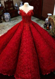 Off the Shoulder Floor-Length Red Lace Quinceanera Dress for Women