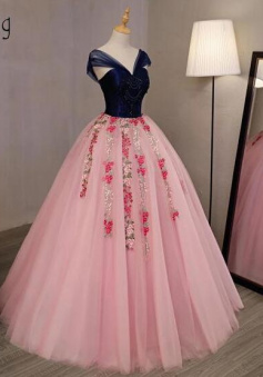 Floral Navy Blue With Coral Pink Ball Gown Prom Dresses