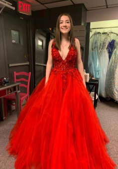 A-line long formal red lace prom dress