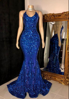 Sexy Royal Blue Sequin Backless Prom Dresses