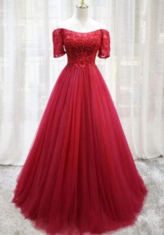 A Line Short Sleeves Tulle Prom Dress With Lace