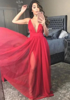 Aimple V Neck Red Chiffon Prom Dresses