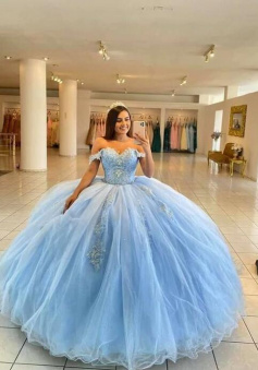 Off Shoulder Blue Lace Appliques Tulle Ball Gown Party Dreses