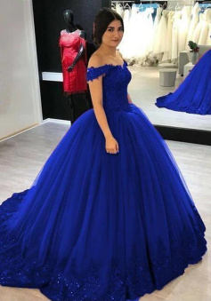 Stunning Royal Blue Off Shoulder Tulle Prom Dress with Lace Appliques