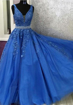 A Line Royal Blue Lace Senior Prom dresses with Beading