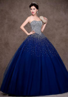 Floor Length Blue Tulle long prom dress with Beading