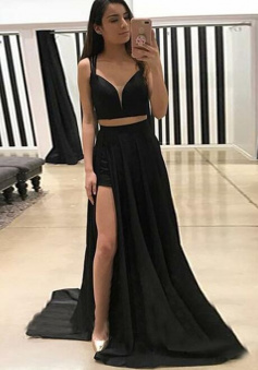 Two Piece Straps Sweep Train Split Black Prom Dress