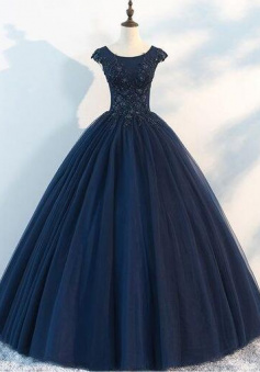 Floor Length Dark Blue Round Neck Tulle Prom Dresses With Lace