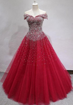 Princess Off the Shoulder Beading Tulle Burgundy Ball Gown Prom Dresses