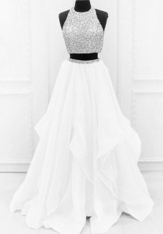 Two Piece White Ball Gown Prom Dresses With Beading