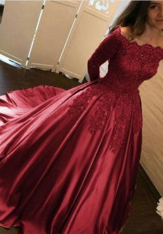Mermaid Stain Burgundy Lace Prom Dresses With long sleeves