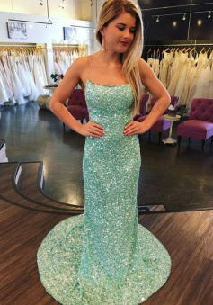 Spaghetti Straps Long Mint Mermaid Sequined Prom Dress