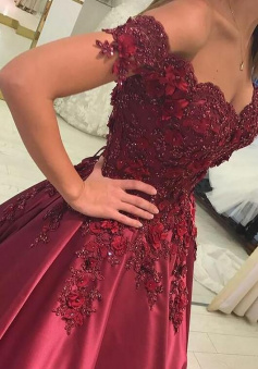 Off The Shoulder Burgundy Satin Ball Gown Lace Prom Dresses