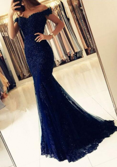 Off The Shoulder Navy Blue Mermaid V-neck Lace Evening Gowns
