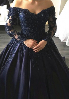 Off Shoulder Navy Blue Lace Appliques Long Sleeves Ball Gowns Party Dresses