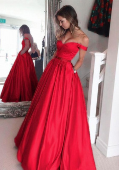 Off Shoulder Satin V-neck Long Prom Evening Gowns