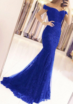 Elegant Off The Shoulder Mermaid Tulle Evening Dresses With Lace