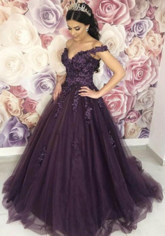 Off shoulder tulle purple ball gown prom dress for quinceanera