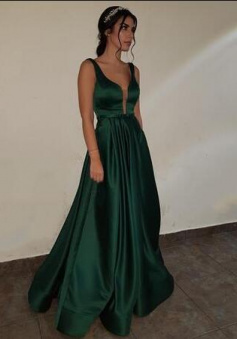 Backless Dark Green Satin V-neck Prom Dresses