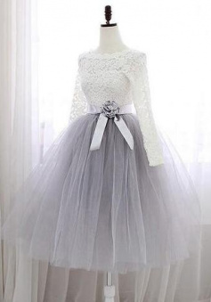 Gray lace tulle short prom dress with long sleeves