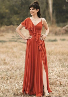 Floor Length orange chiffon bridesmaid prom dresses