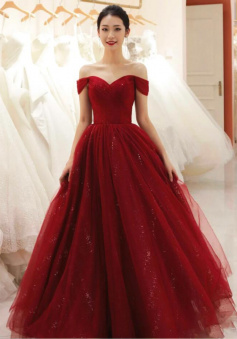 Princess Off the Shoulder Red Tulle Prom Dresses