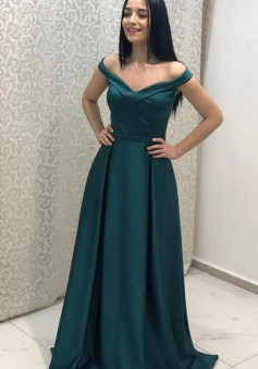 Off the shoulder floor length emerald green prom dresses