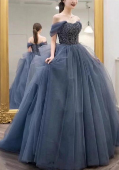 Princess Off the shoulder dusty blue ball gown prom dresses