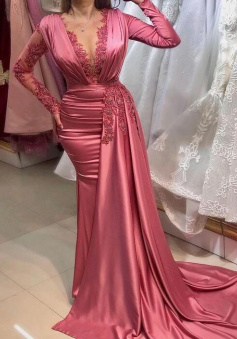 Mermaid Sheer Neck Arabic Aso Ebi Lace Beaded Prom Dresses with Long Sleeves