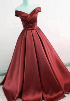 Off Shoulder Wine Red Satin Prom Dresses
