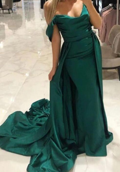 Off the shoulder dark green mermaid satin prom dresses