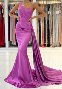 One Shoulder Purple Satin Mermaid Long Formal Evening Dresses