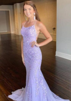 Mermaid Lavender Lace Long Backless Prom Dress
