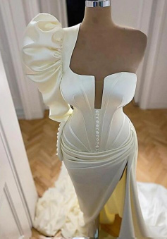 Mermaid One Shoulder Ivory Long Split Formal Prom Dress