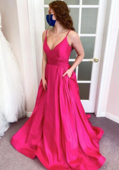 A Line V Neck Hot Pink Satin Prom Dresses with Pocket