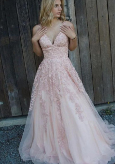 A Line Pink lace appliques long tulle formal dress