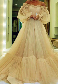 Elegant champagne puffy sleeves ruffles ball gown prom dress