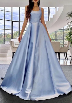 Elegant spaghetti straps light blue satin prom dress for women