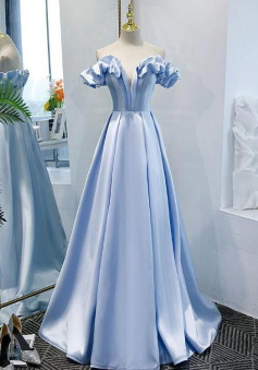 Simple Off Shoulder Light Blue Stain Prom Dresses