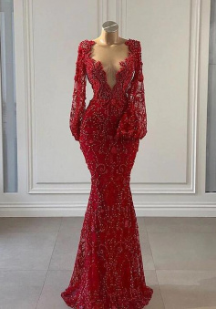 Beautiful Red Long Beading Prom Dresses With Long Sleeve