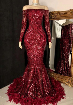 Off The Shoulder Sparkle Burgundy Prom Dresses with Long Sleeves