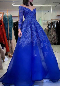 Royal blue lace prom dresses with sleeves