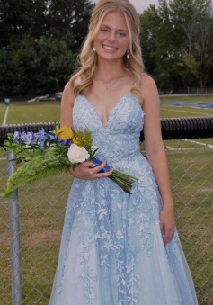 A-line light blue v neck long prom dress with lace appliques