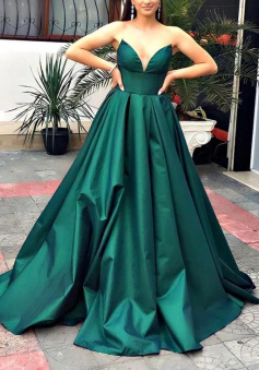 Emerald green v neck satin ball gown prom dresses