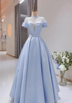 A Line Light Blue Satin Short Sleeves Long Evening Dress