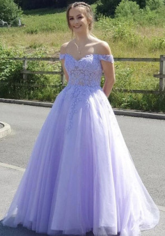 A line Purple lace long tulle prom evening dress
