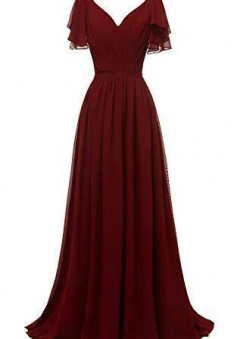 Floor Length Ruffle Sleeves V-Neck Burgundy Chiffon Long Prom Dress