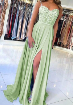 Spaghetti Straps Mermaid Long Chiffon Prom Dress With Lace Top